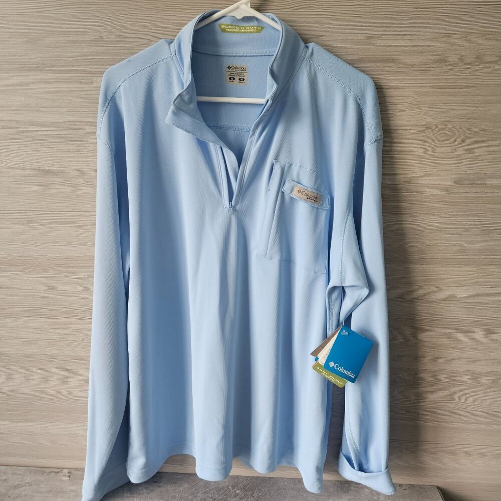 Columbia Mens Blood N Guts LS Tee Omni Shield Shade UPF 30 Light Blue Size M NEW - Picture 6 of 16